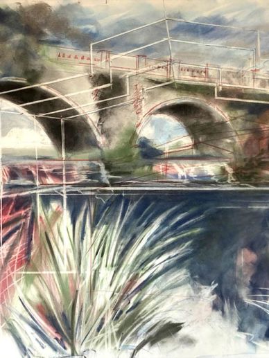 Abstract painting of a bridge with smoke and plants.