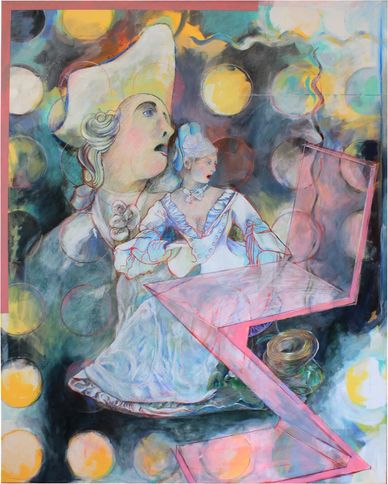 Surreal artwork of two figures and a pink abstract structure.