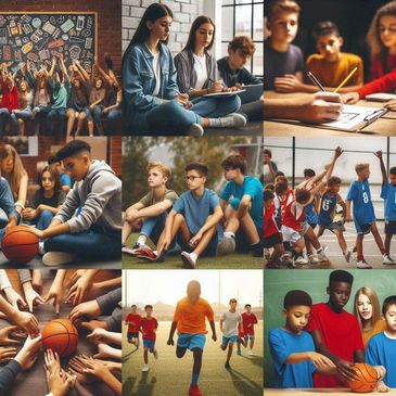 Young people engaged in basketball and learning activities in various settings.
