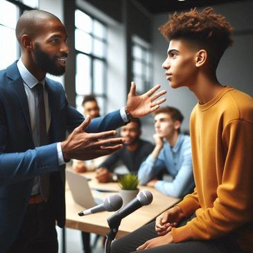A man passionately speaking to a young man in a meeting room with attentive audience.