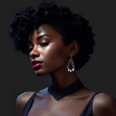 Elegant woman with curly hair and statement earrings against a dark background.