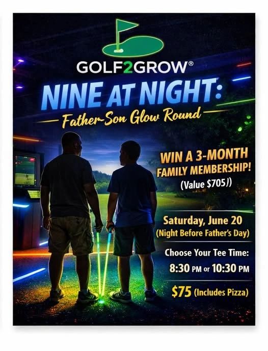 Father-son night golf event with glowing clubs and prizes.