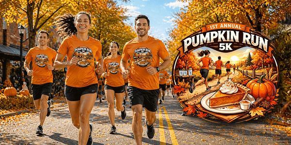 Runners participating in the 1st Annual Pumpkin Run 5K on a sunny autumn day.