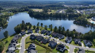 Aerial view of a lakeside neighborhood in Cumming, Forsyth County, Georgia.