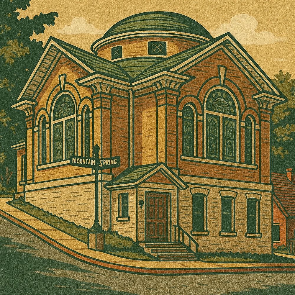 Vintage-style illustration of a historic brick building on a street corner.