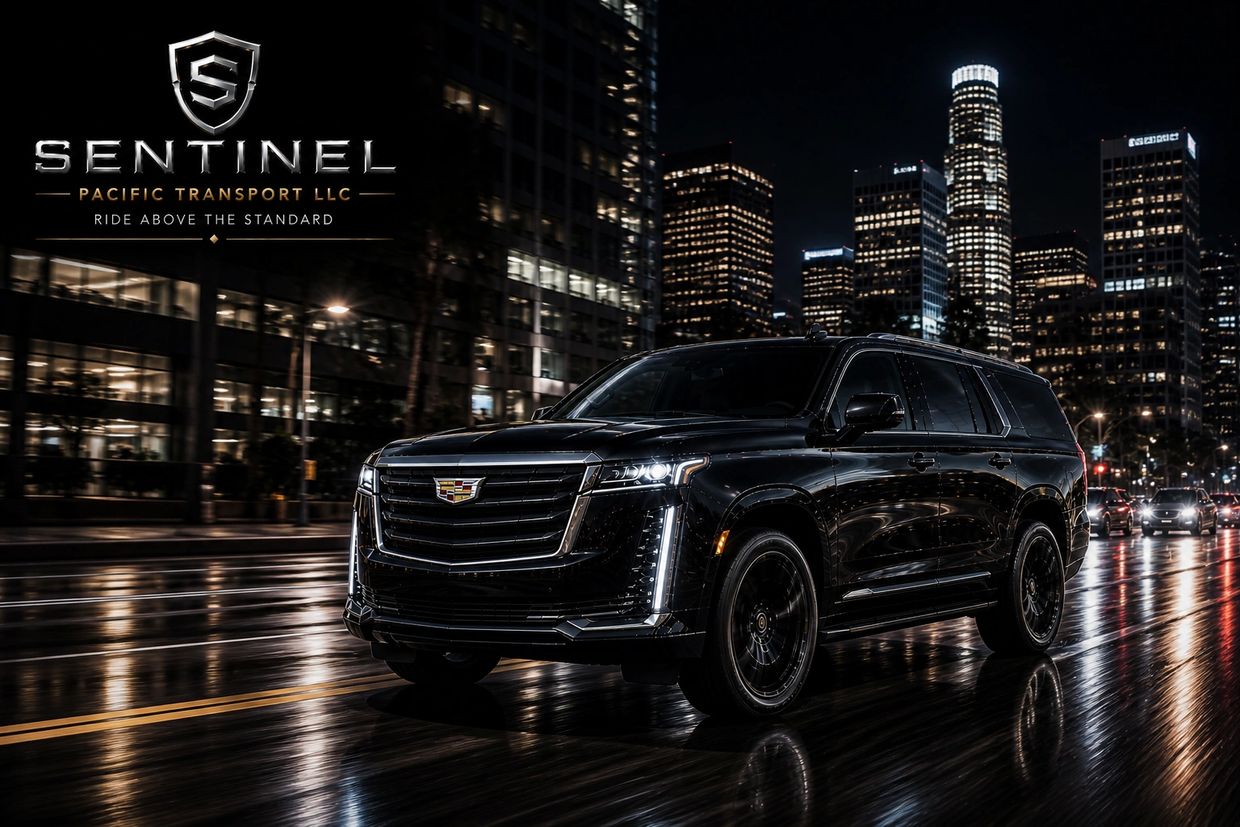 Black Cadillac SUV driving at night in a city with tall illuminated buildings.