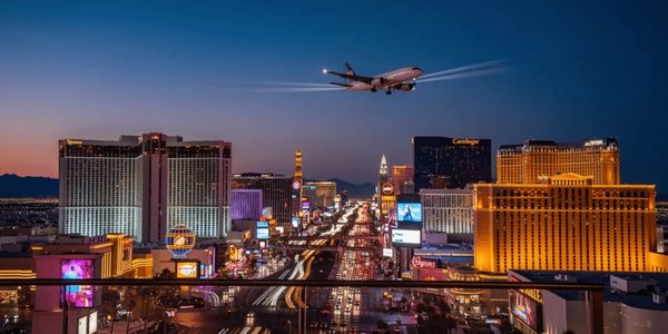 An airplane flying over a brightly lit Las Vegas Strip at dusk.