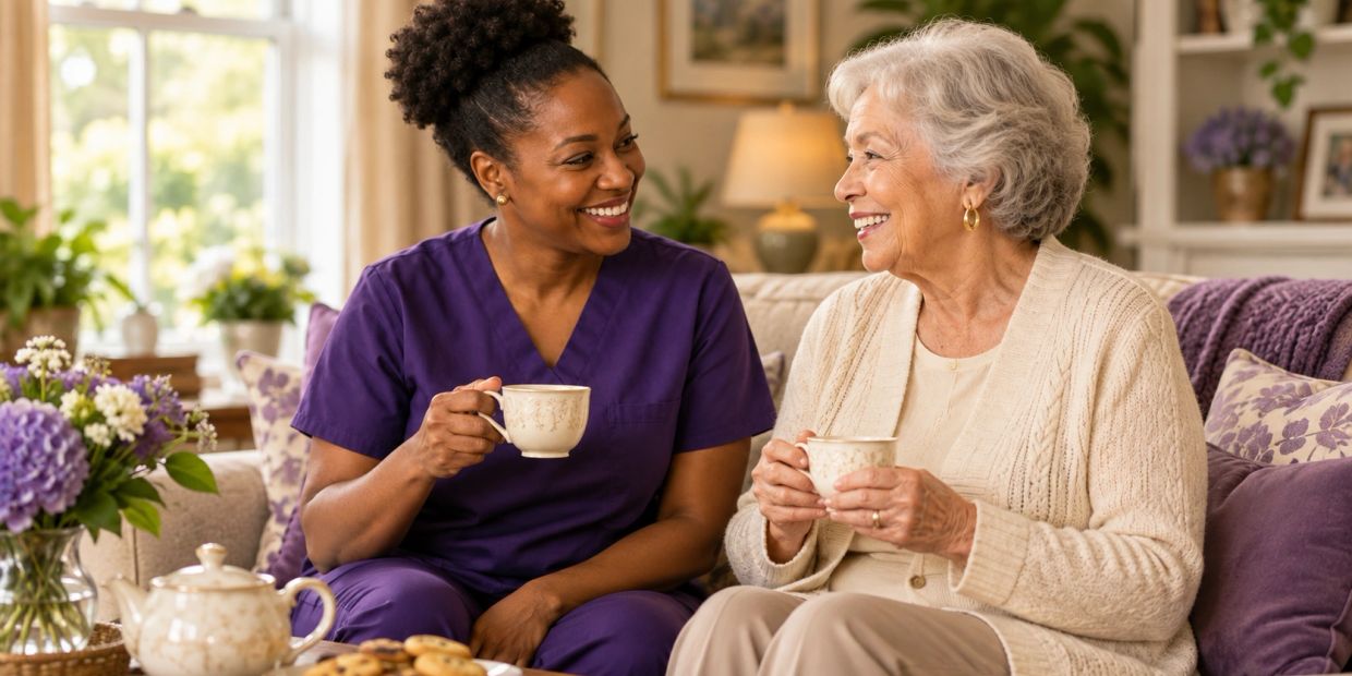Two women enjoying tea and smiling together.