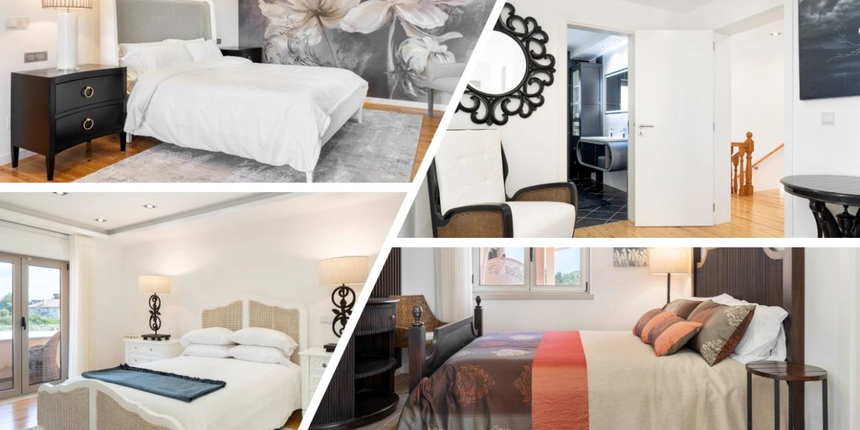 Collage of four different bedroom interiors, each with unique color schemes and furniture.