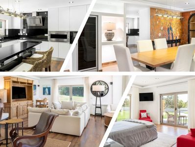 Collage of modern home interior spaces including kitchen, dining, living room, and bedroom.