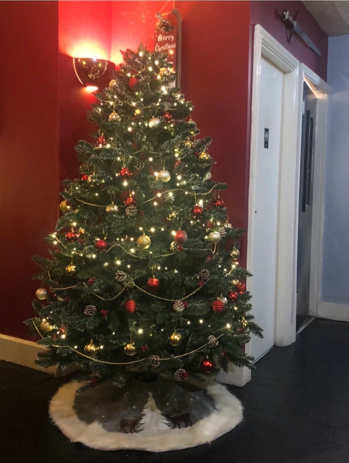 Decorated Christmas tree with lights and ornaments.