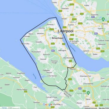 Map showing Birkenhead and Liverpool area with boundaries.