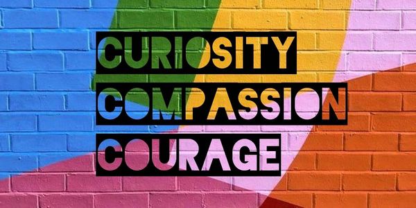  A multicolored brick background with the phrase, "Curiosity, Compassion, Courage" on top.