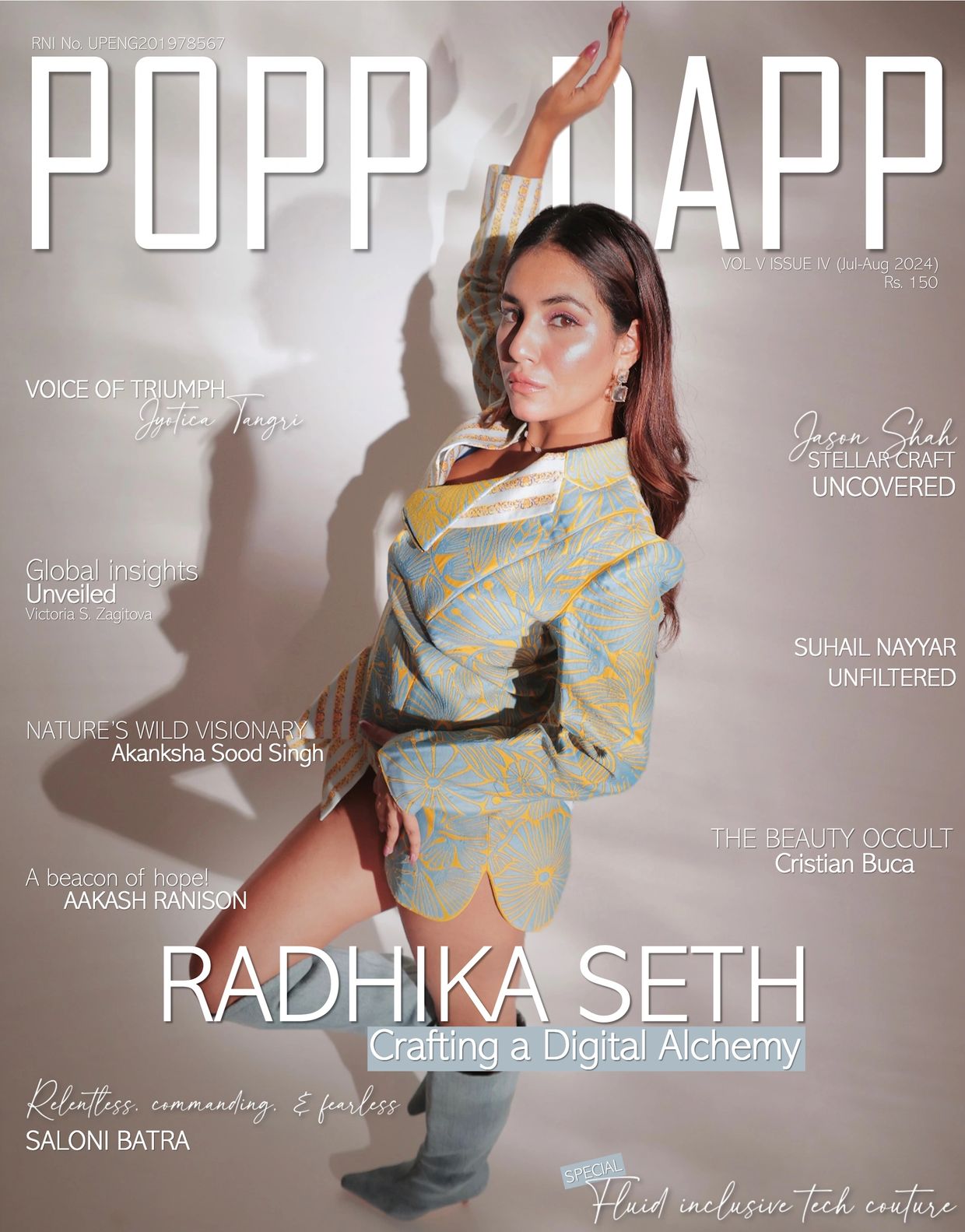 Radhika Seth poses confidently on the cover of Popp Napp magazine in a stylish patterned outfit.