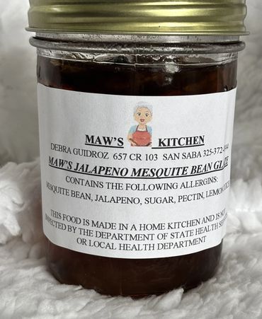 Jar of Maw's Jalapeno Mesquite Bean Glaze with homemade label and ingredients.
