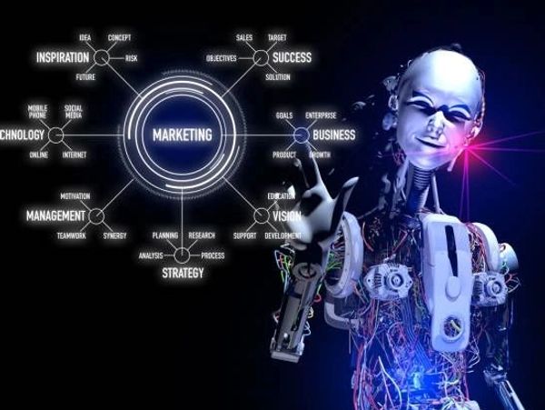 Ai Robot pointing at a screen that says Marketing, Business, Success, etc.