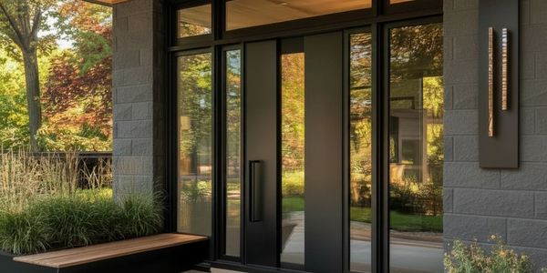 Modern black front door with glass panels and autumn reflections.