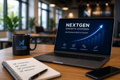 Laptop and mug branded with NextGen Growth Systems in a modern office.