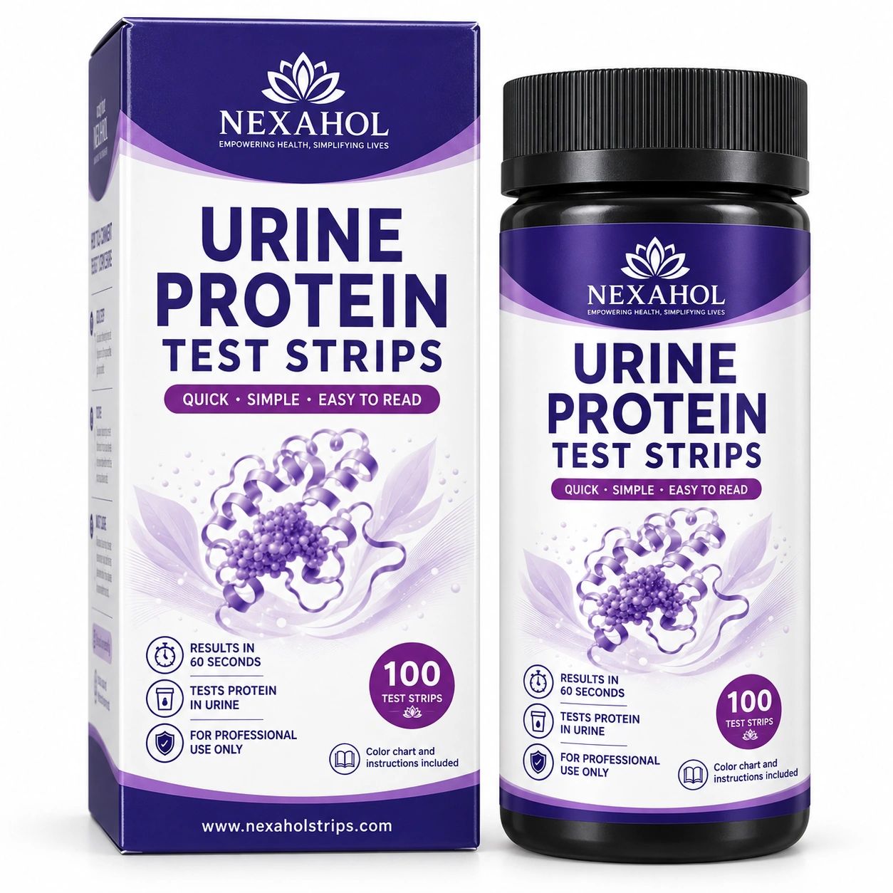 Urine protein test strips by Nexahol, 100 count.