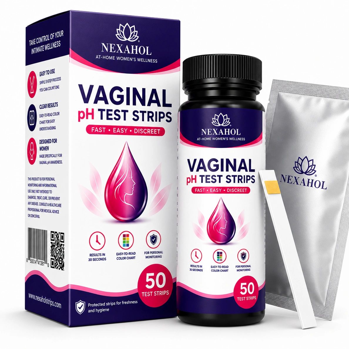 Nexahol vaginal pH test strips for women's wellness.
