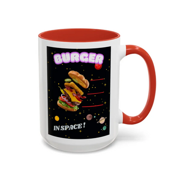 White and red mug with a floating burger and space theme.