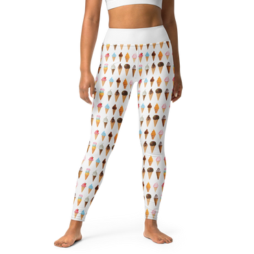 White leggings with colorful ice cream cone patterns all over.