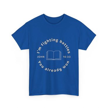 Blue t-shirt with a Bible verse and motivational text design.