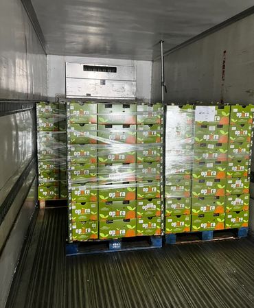 Pallets of green fruit boxes wrapped in plastic inside a truck trailer.