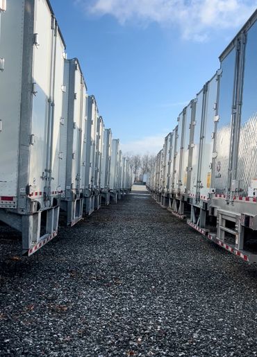 Rows of parked white trailers on gravel under a clear blue sky.