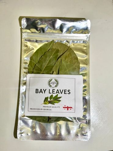 Packaged premium quality bay leaves produced in Georgia.