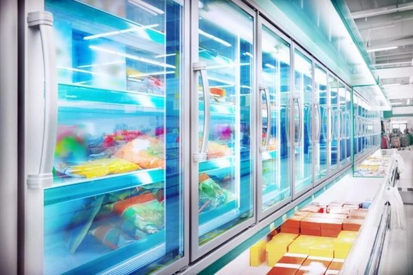 A brightly lit supermarket frozen food aisle with colorful packages visible through glass doors