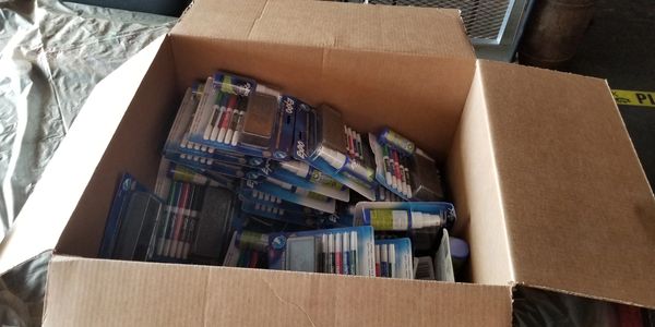 photo of box of school supplies donated by the Pompano Beach Lighthouse Rotary Club