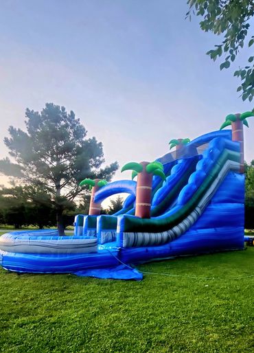 Double lanes = Double the fun with this blue tropical waterslide