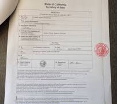 This is an example of a CALIFORNIA Apostille attached to your document ready to send to the country