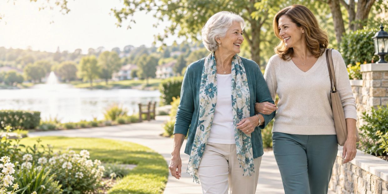 Two women walking arm-in-arm on a sunny park path.