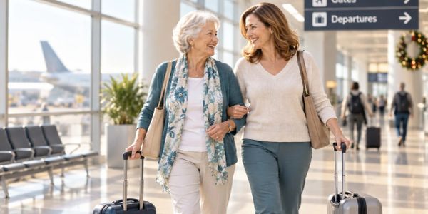 Two women walking through an airport with luggage.