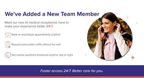 Announcement of a new AI medical receptionist available 24/7 for appointments and prescriptions.