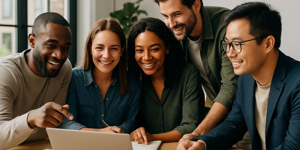 Diverse group of professionals collaborating on a laptop