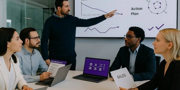 Business team discussing sales strategy around a table with charts on screen.