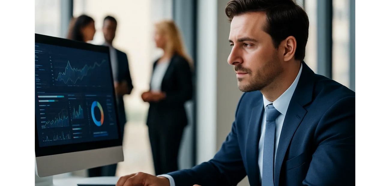 Businessman analyzing financial data on computer in office.