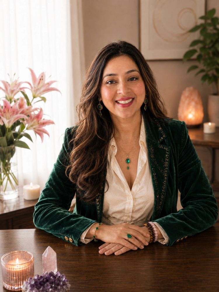 Smiling woman in green velvet jacket sitting at a wooden table.