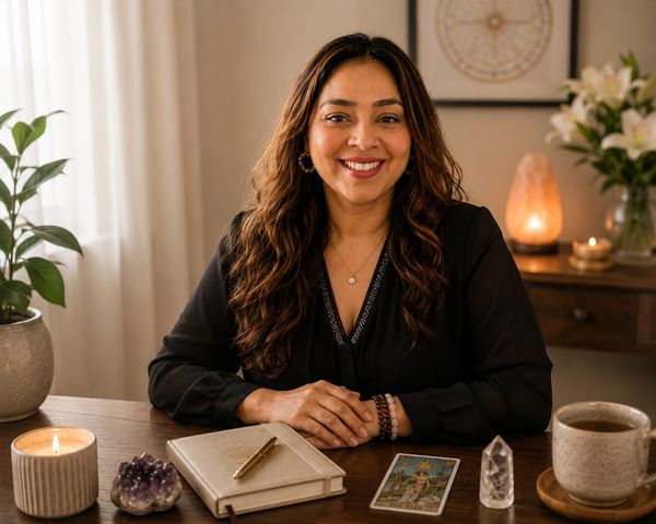Sush with tarot cards, candle, and crystals.