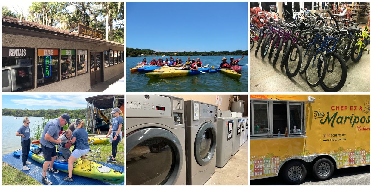 Collage of Adventure Kayak Florida business showing the store, kayaks, bikes, laundry and food truck