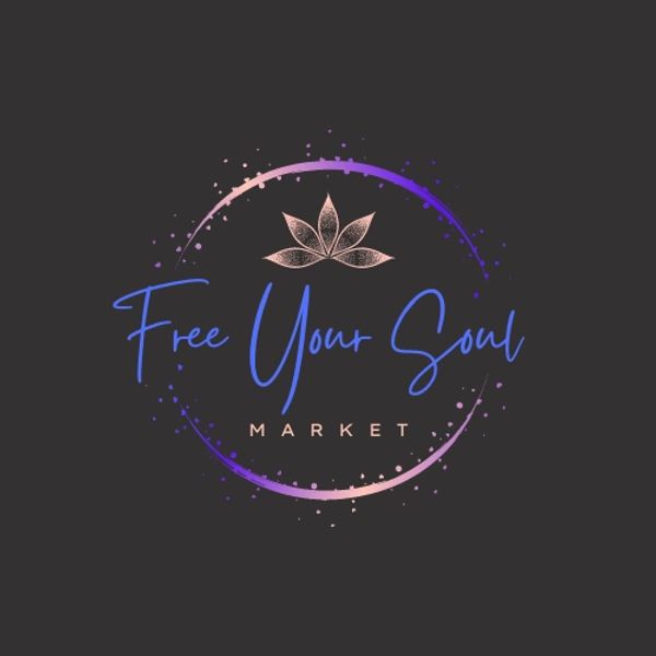 Elegant logo with 'Free Your Soul Market' and a lotus flower inside a purple-pink circular design.