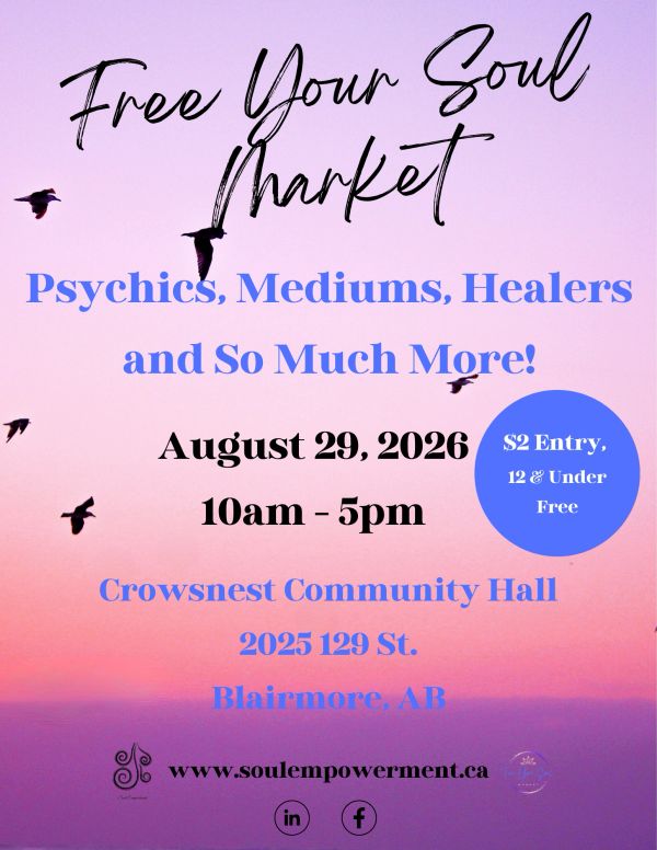 Event poster for Free Your Soul Market with psychics and healers on August 29, 2026.