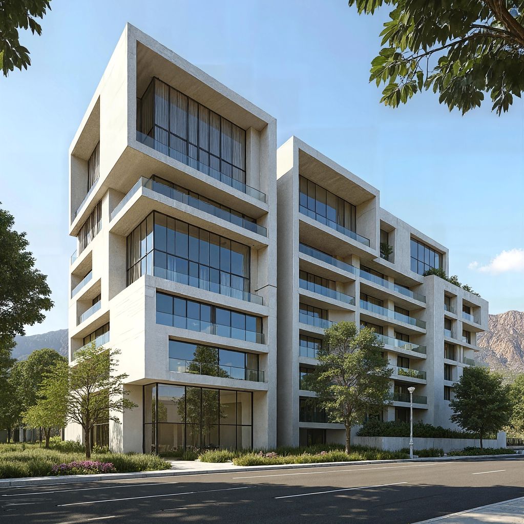 Modern concrete apartment building with large glass windows and balconies.