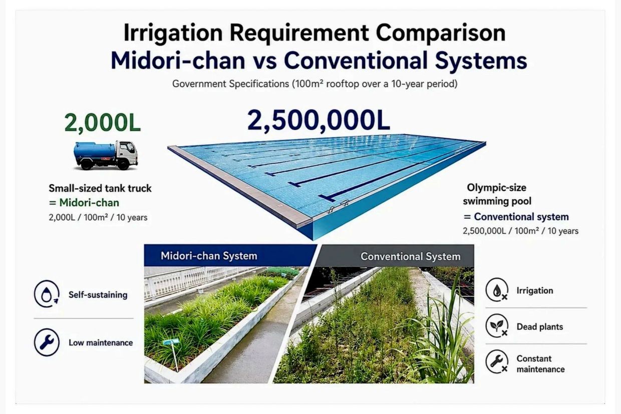 Water usage comparison between Midori-chan and conventional greening systems