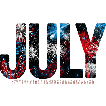 The word JULY filled with fireworks and a calendar below it.