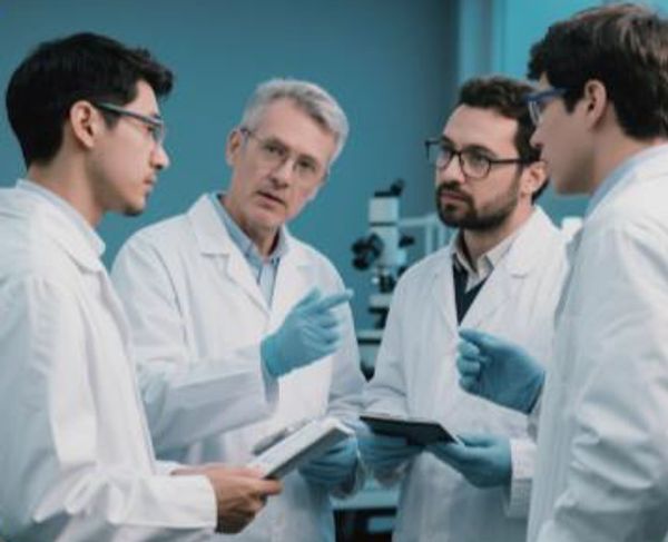Scientists in lab coats discussing research findings in a laboratory.