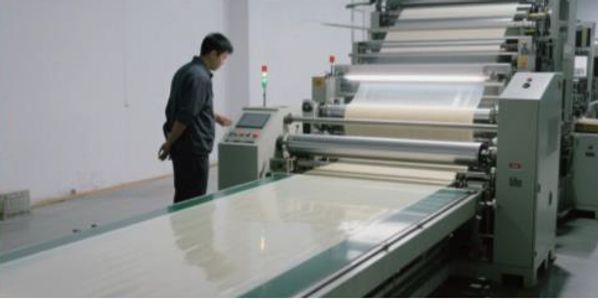 Technician operating a large industrial laminating machine in a factory.
